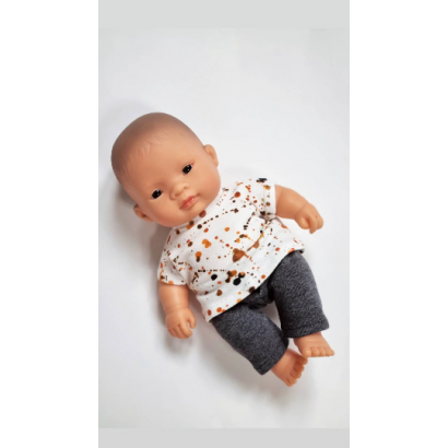 Zestaw dla lalki Miniland 21, spodnie szare i koszulka w plamki